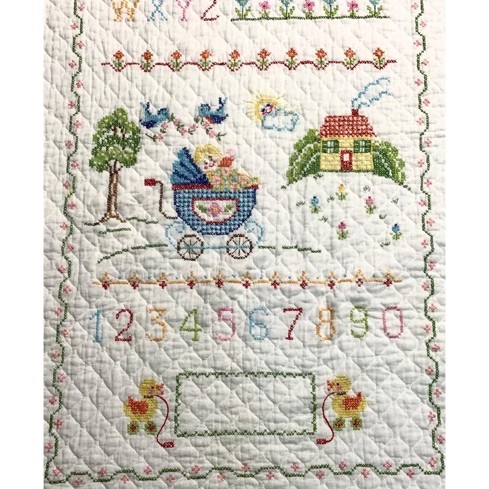 Vintage Hand Cross Stitch Baby Crib Quilt Alphabet ABC Nursery Sampler 34x57 - Picture 10 of 12